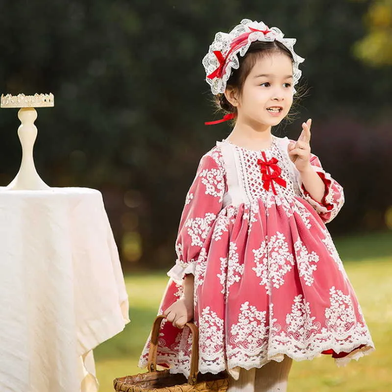 Printemps Enfants Fille Robe De Soirée Dentelle Bow Rouge Patchwork Manches Longues Robes De Princesse Mariage Effectuer Des Vêtements E8032 210610