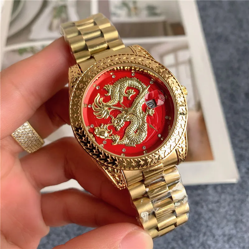 Orologi delle migliori marche di moda Orologio da polso al quarzo con cinturino in acciaio in metallo stile drago cinese X145202k