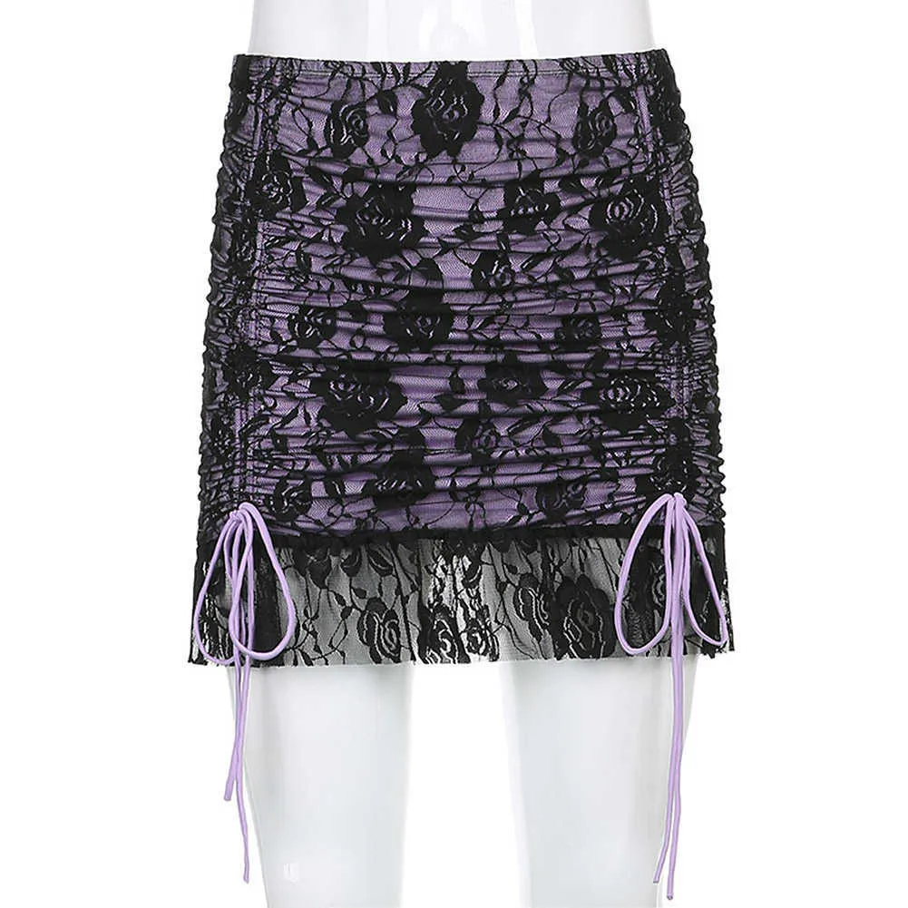 Drawstring Mesh Goth Y2k Skirts Women Double Layer Lace Up Egirl Mini Dark Academia Aesthetic 90s Gothic Streetwear 210629