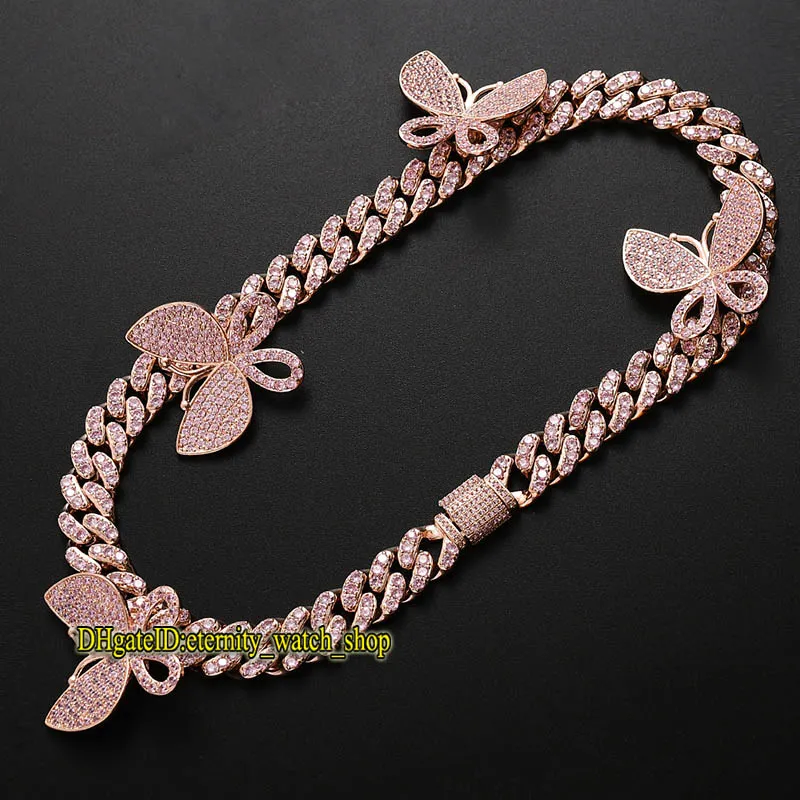 Eternity New Hip Hop CZ Diamonds Inlaid Pink Butterfly Cuban Chain Men's Necklace 13mm Clavicle Chain Iced Out Diamond Necklace for Women