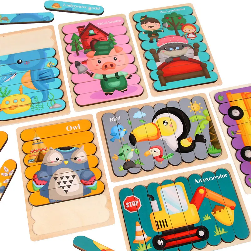 Kids Animal 3D Wooden Double-sided Strip Puzzle Telling Story Stacking Jigsaw Educational Toy For Children Factory Best Wholesale