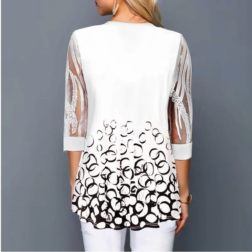 Plus Size 4xl 5XL Shirt Blouse Female Spring Summer Tops V-neck Half Sleeve Lace Splice Print Boho Women shirt 210308