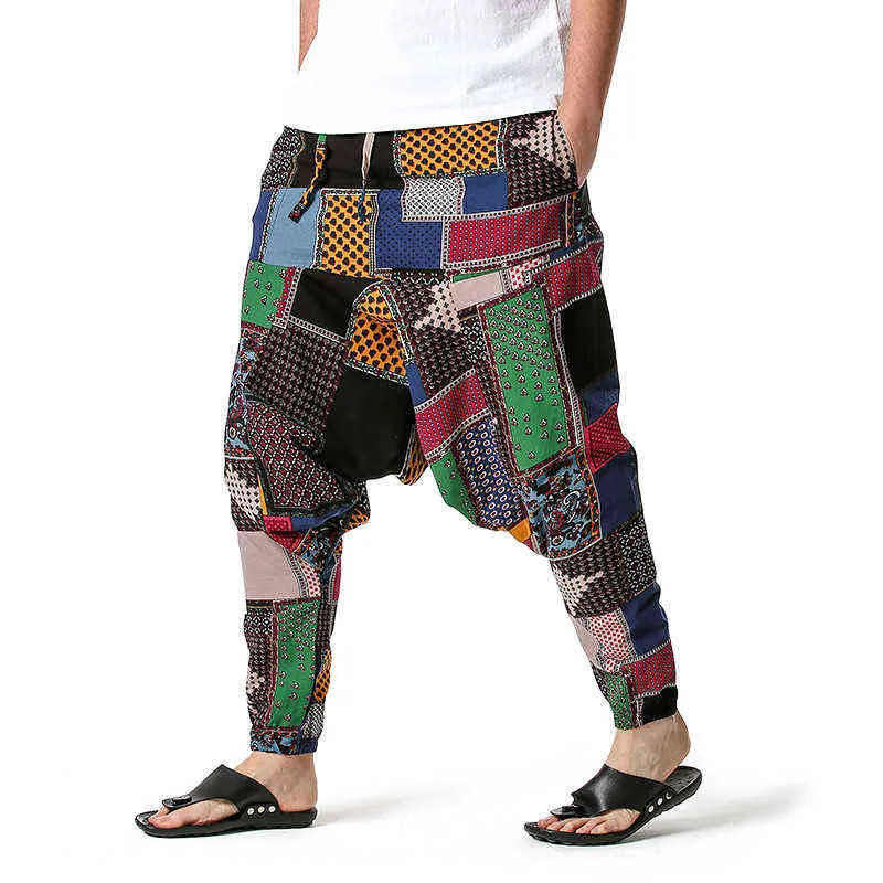 Luclesam Men African Bawełniane lniane spodnie haremowe Joggers Bohemian Nepal Spods Yoga Vintage workowate spodnie Sarouel Homme Hippy 220108