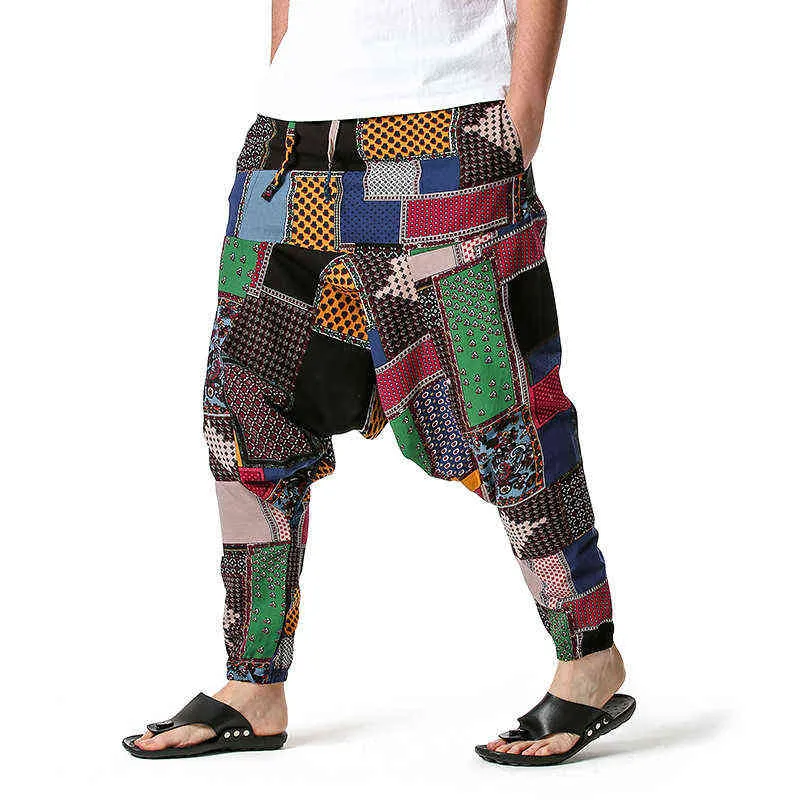 Luclesam Men African Cotton Linen Harem Pants Joggers Bohemian Nepal Pants Yoga Vintage Baggy byxor Sarouel Homme Hippy 220108