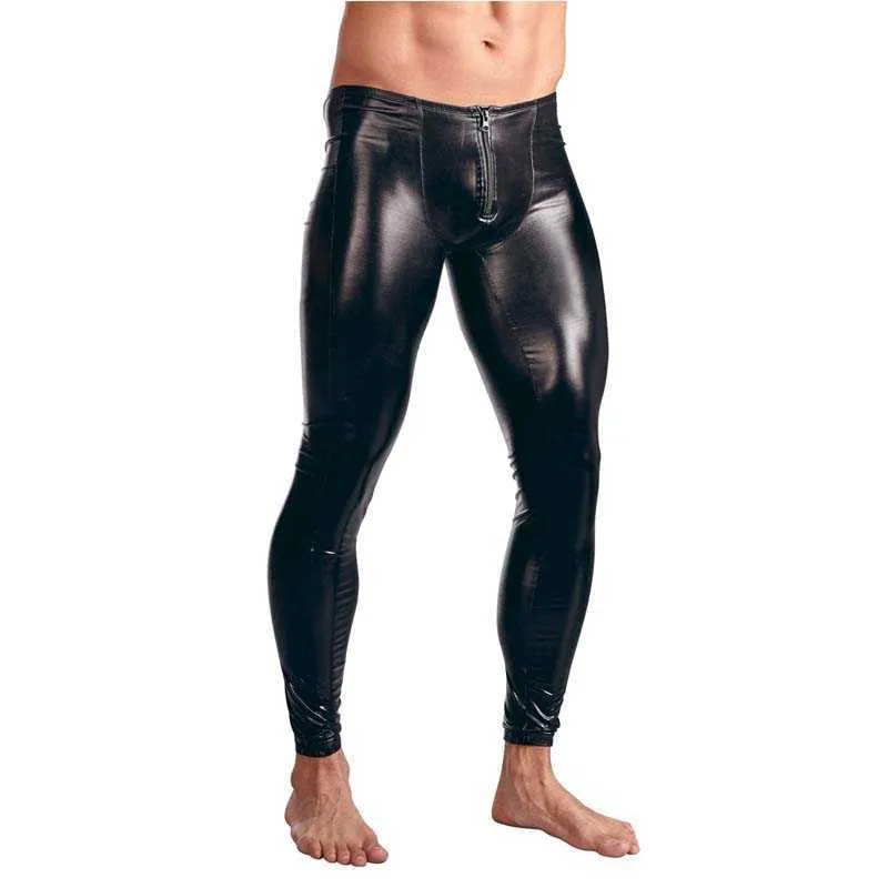 Mens Black Faux Patent Läderbyxor Stage Skinny Performance Stretch Leggings Män Sexiga Bodywear Trousers 210715