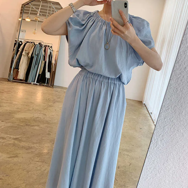 Korejpaa Dames Sets Zomer Koreaanse Chic Retro One-Collar Off-Shoulder Losse shirt met korte mouwen High-taille geplooide lange rok 210526