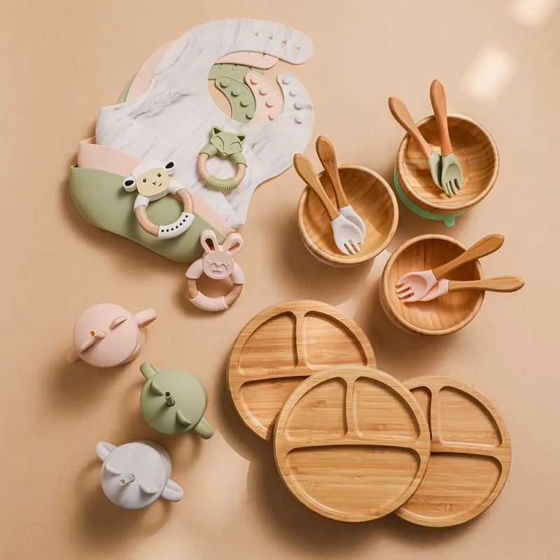 Silicone Baby Feeding Set Supplies Kids Bamboo Dinnerware With Cup Children's Dishes Bowl Stuff Tableware Gift 211026