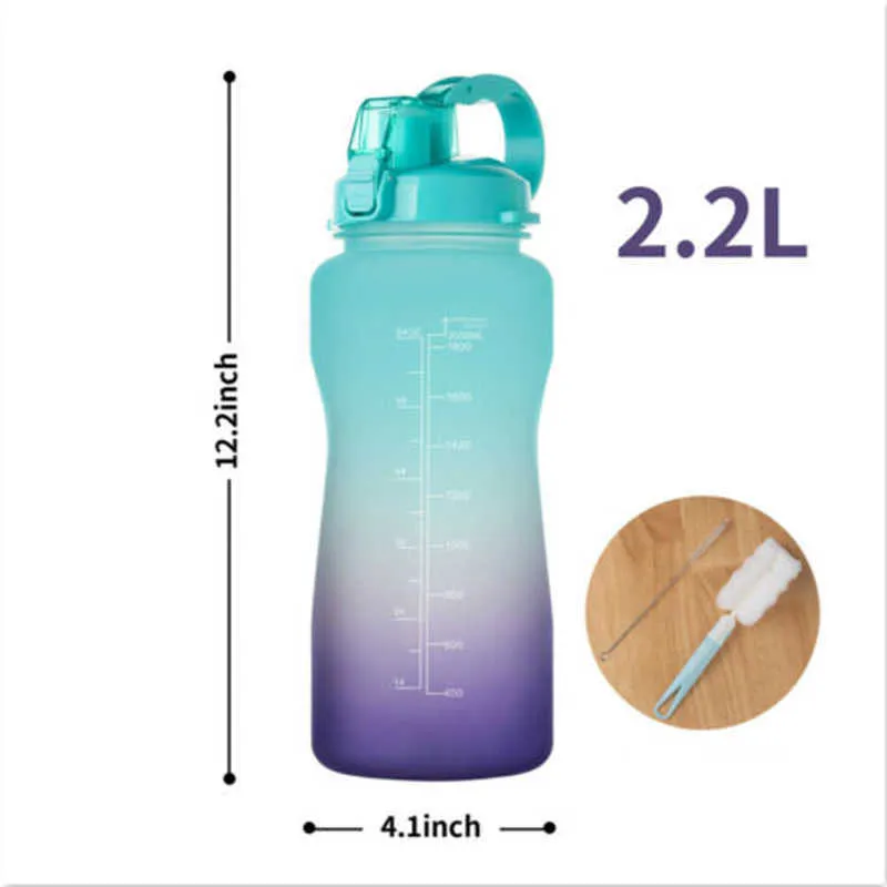 2L BPA Free Plastic Gallon Sports Leakproof Time Marker Straw Water Bottle For Outdoor Portable Drinkware Drink Bottle 210917