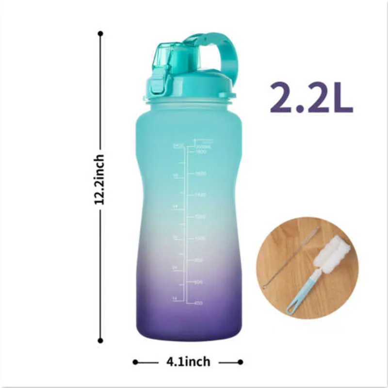 2L BPA Gratis plast Gallon Sportläcksäker tid Markör Straw Water Bottle For Outdoor Portable Drinkware Drink Bottle 210917