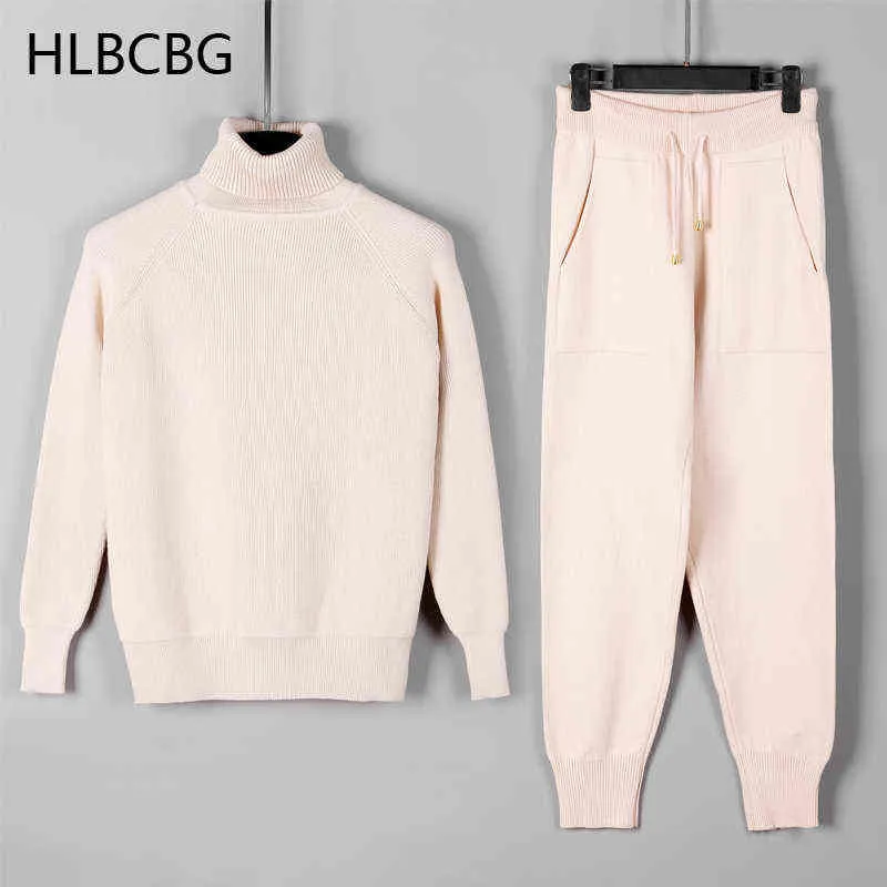 HLBCBG Deux pièces Ensemble Femmes Tricot Sport Costumes Épais Chaud Col Roulé Femmes Pull + Cordon Sarouel Hiver Jogging Tenues 211116