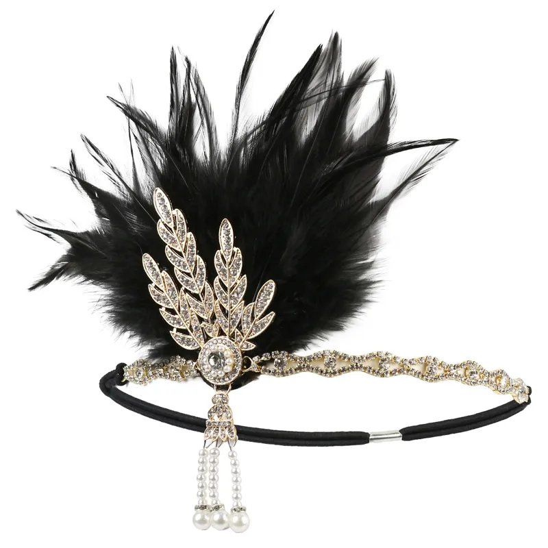 1920er-Jahre-Flapper-Stirnband mit Federn, brüllender 20er-Jahre-Stil, inspiriert vom Great Gatsby, Blattmedaillon, Perlen-Haarschmuck für Damen 220224299b