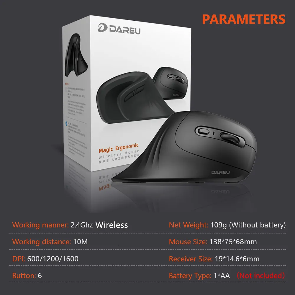DAREU Ergonomic Vertical Wireless Mouse 2.4Ghz Optical skin 6 Buttons Comfortable Gaming Mice with Adjustable DPI Computer