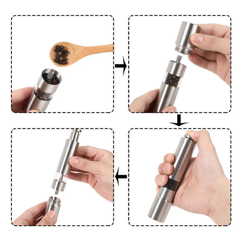 Moedor de sal manual e pimenta set polegar push push moinho de aço inoxidável molho de especiarias com suporte de metal ferramenta de cozinha 210712