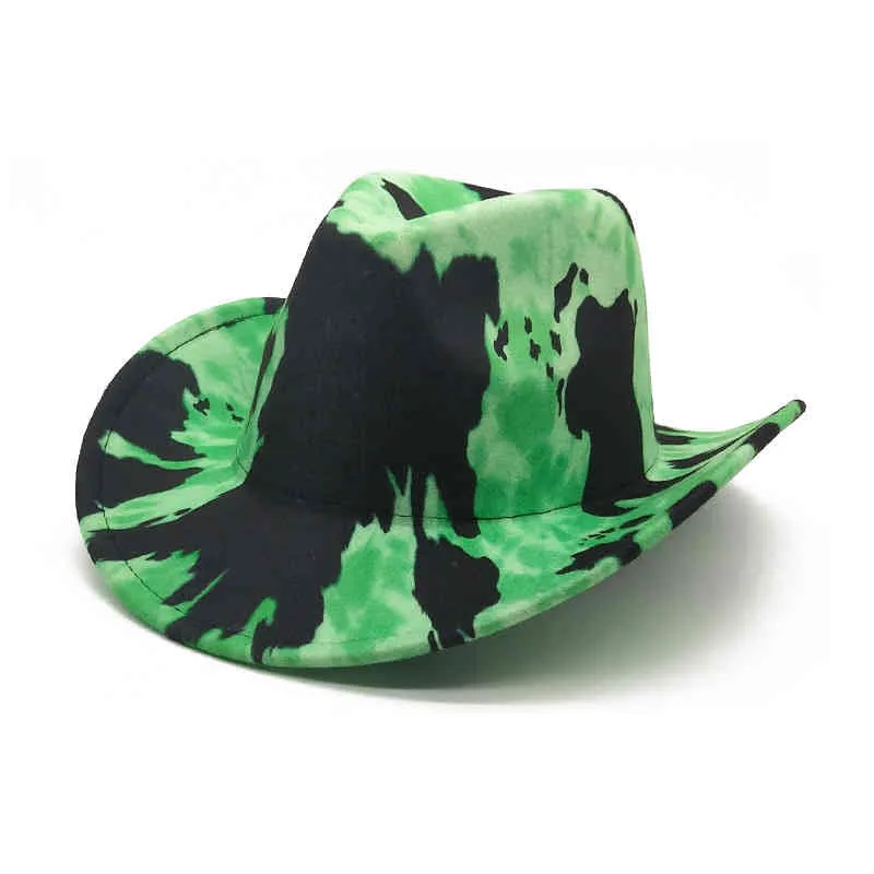Hele fluorescerende groene berijdende vlekken vrouwelijke zomer 2021 hiphop retro westerse krullende cowboy hoed Panama