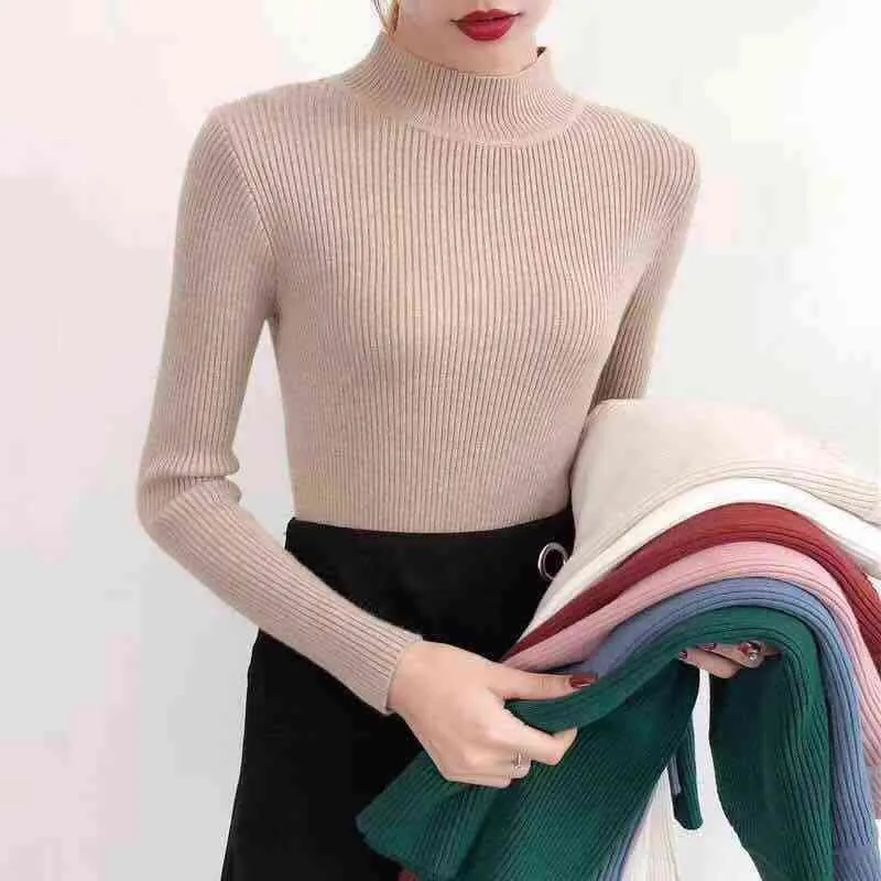 Bonjean Knitted Jumper Autumn Winter Tops Turtleneck Pullovers Casual Sweaters Women Shirt Long Sleeve Short Slim Sweater Girls 211103