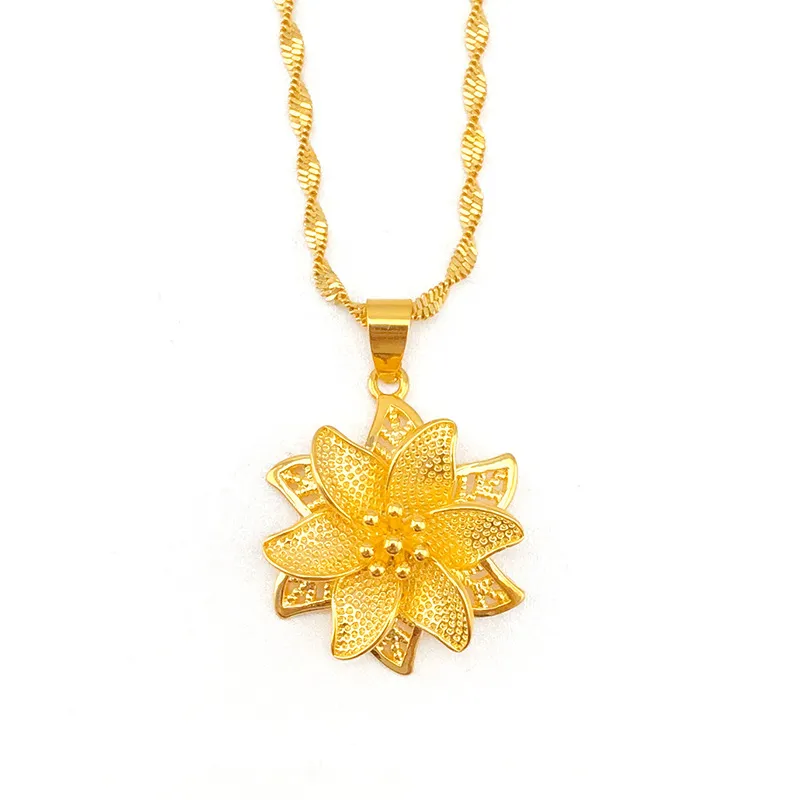 Belle chaîne pendentif fleur en filigrane, or jaune 18 carats, bijoux à la mode pour femmes, 3097