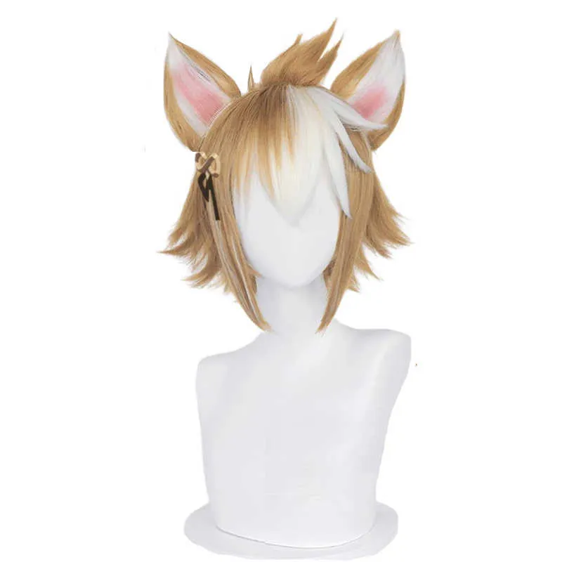 Gorou Cosplay perruque jeu Genshin Impact court marron blanc avec oreilles cheveux synthétiques résistant à la chaleur Halloween jeu de rôle Y0913