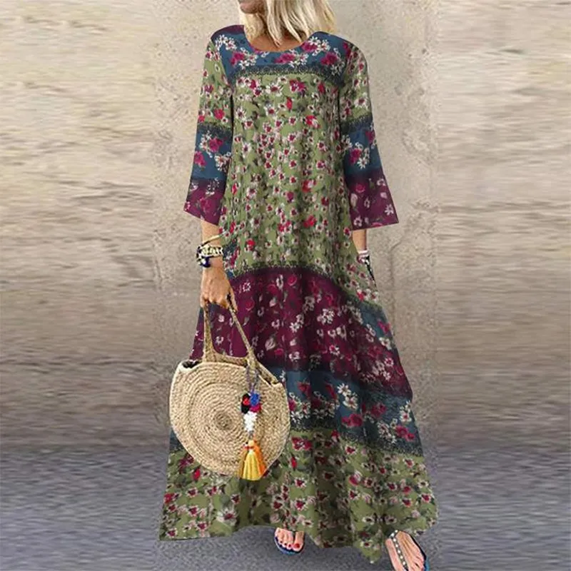 BOHO Baskılı Maxi Elbise Vintage Rahat Pamuk Keten Elbise Kadın Vestidos Patchwork Robe Artı Boyutu S-5XL Gevşek Cebi Uzun Elbise Y0118