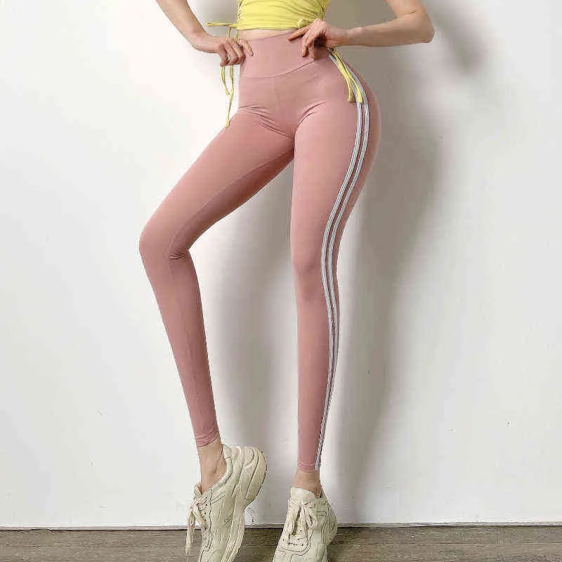 Leggings de sport taille haute à rayures latérales pour femmes, pantalon de Yoga sans couture, contrôle du ventre, levage des hanches, H1221