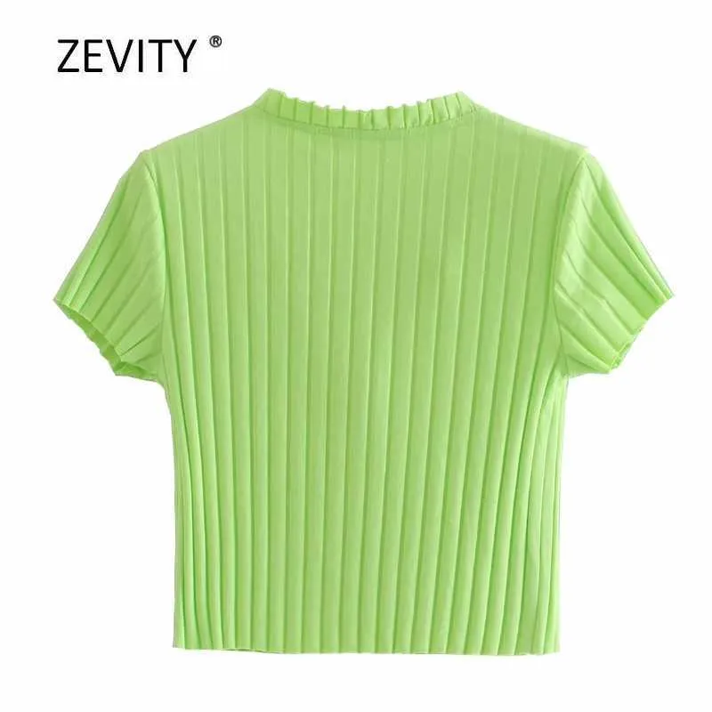 Zevity women fashion v neck Pit striped knitting casual slim sweater female short sleeve agaric lace thin sweaters tops T338 210603