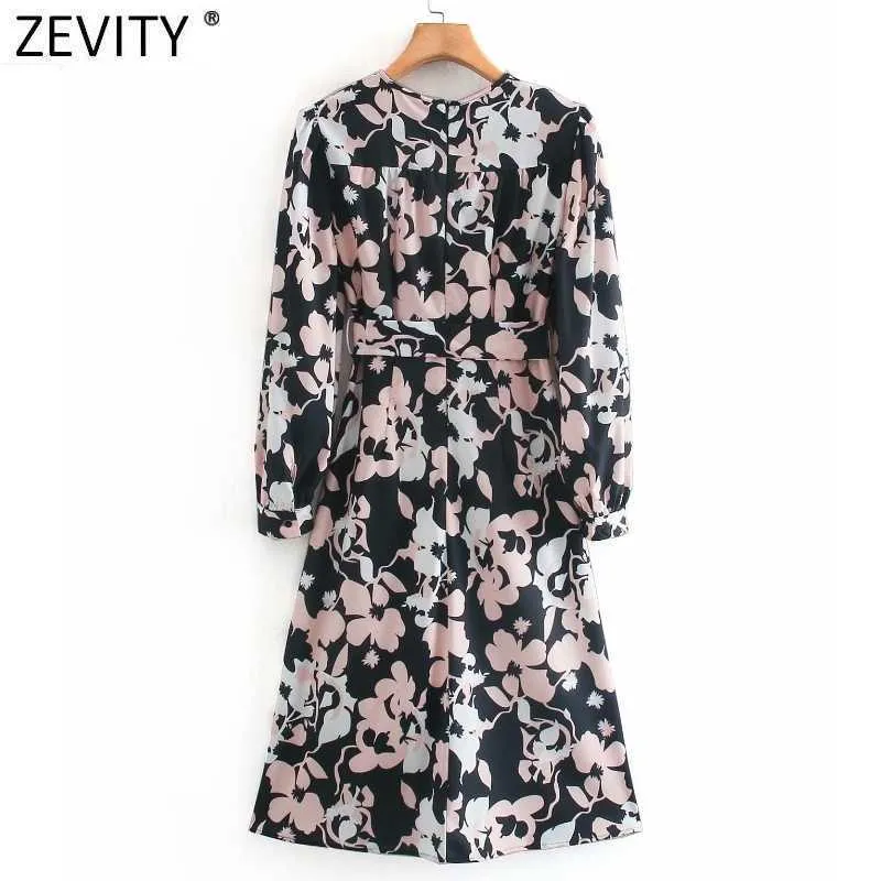 Zevity Women Vintage O Neck Flower Print Bow Bundet Sashes Casual Slim Midi Dress Office Lady Långärmad Chic Vestido DS4810 210603