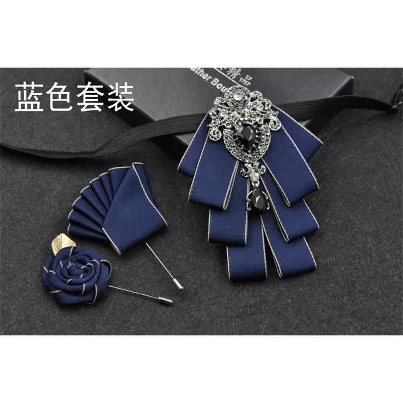 Men Ribbon Bow Handkerchief Alloy Pin Flower Brooches Pocket Square Neck Tie Set Groom Wedding Party Shirt Rhinestone Bowtie