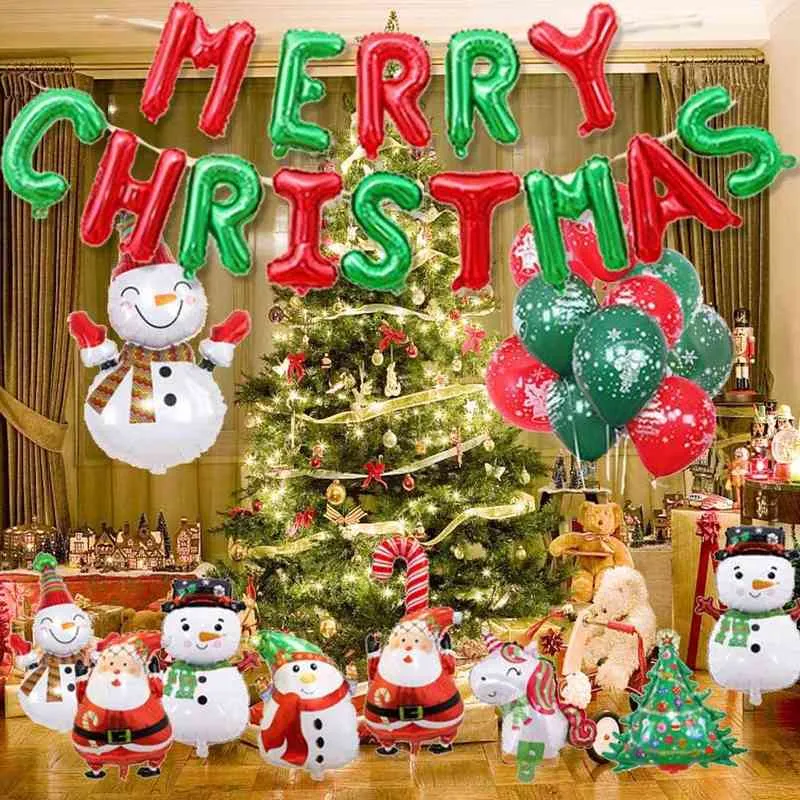 37 adet Merry Christmas Balonlar Set Whit Kamışı Kardan Adam Noel Baba Noel Ağacı Folyo Balon Noel Süslemeleri Malzemeleri 211216