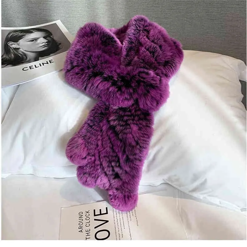 Arrivals Women Real Rex Rabbit Fur Scarf Lady Fashion Knitted Warm Soft Winter Natural Fur Muffler B8 220114