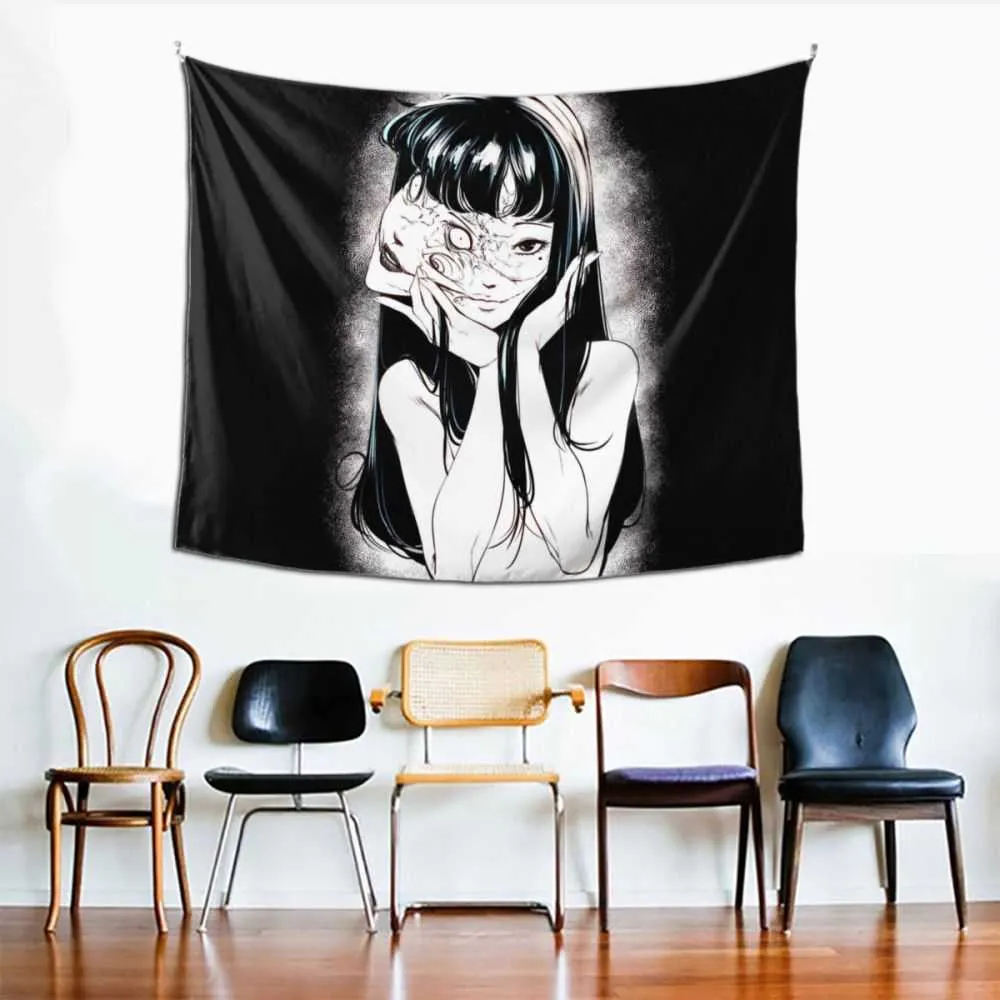 Junji Ito Tapestry Wall Hanging Curtain Tomie Japanese Kago Manga Horror Tomie Harajuku Arazzi Poliestere Coperta da picnic 210609