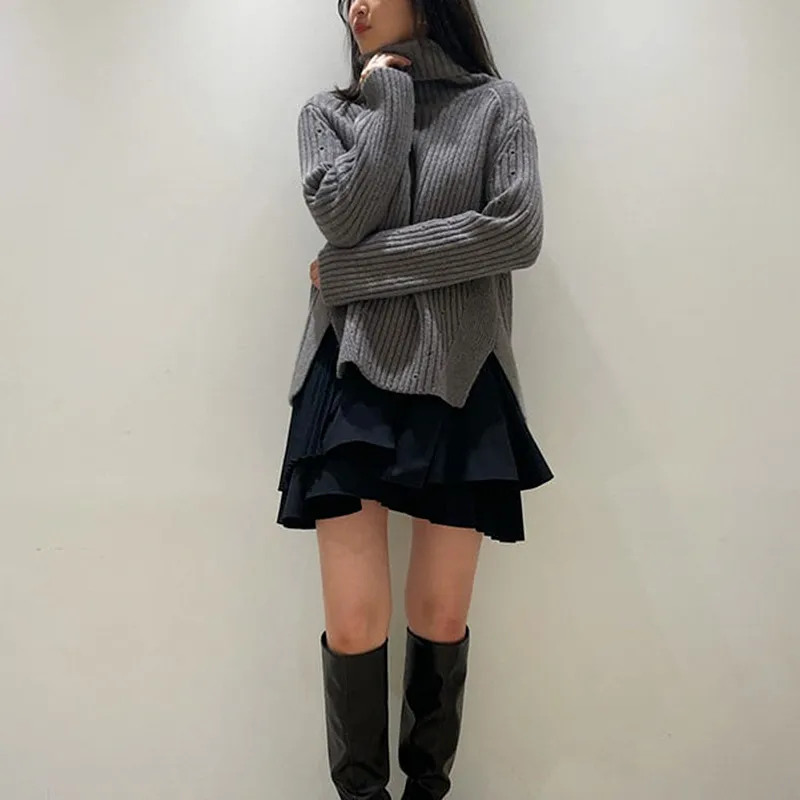 Kuzuwata Autumn Women's Clothing High Neck Long Sleeve Side Slit Knitted Sweater Tops Ruffled Pleated Sling Dress Sets 220302