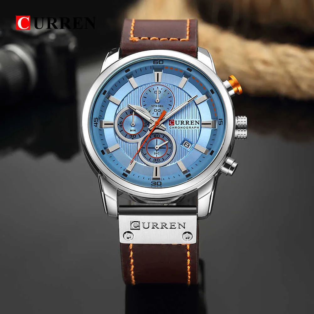 Curren 8291 Часы с хронографом Повседневные кожаные часы для мужчин Модные военные спортивные мужские наручные часы Джентльмен Кварцевые часы Q0524245S