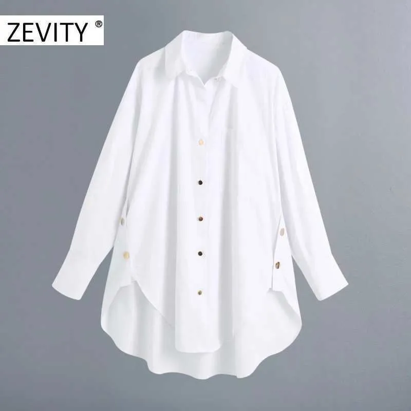 Zevity femmes mode boutons dorés blanc blouse blouse dames à manches longues chemise d'affaires chic femininas blusas hauts LS7218 210603