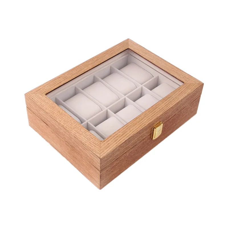 Cajas de relojes Cajas Caja de madera Soporte de almacenamiento Organizador de exhibición Cofre de madera maciza retro de lujo Vidrio transparente 12 epítopos Watch306k