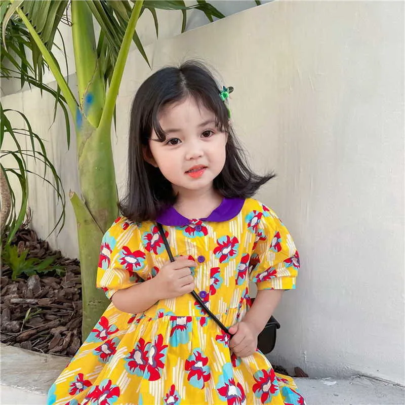 Koreanischer Stil Sommer Kinder Mädchen Kleid Lila Peter Pan Kragen Gelb Blumen Prinzessin Kinder Kleidung E1028 210610