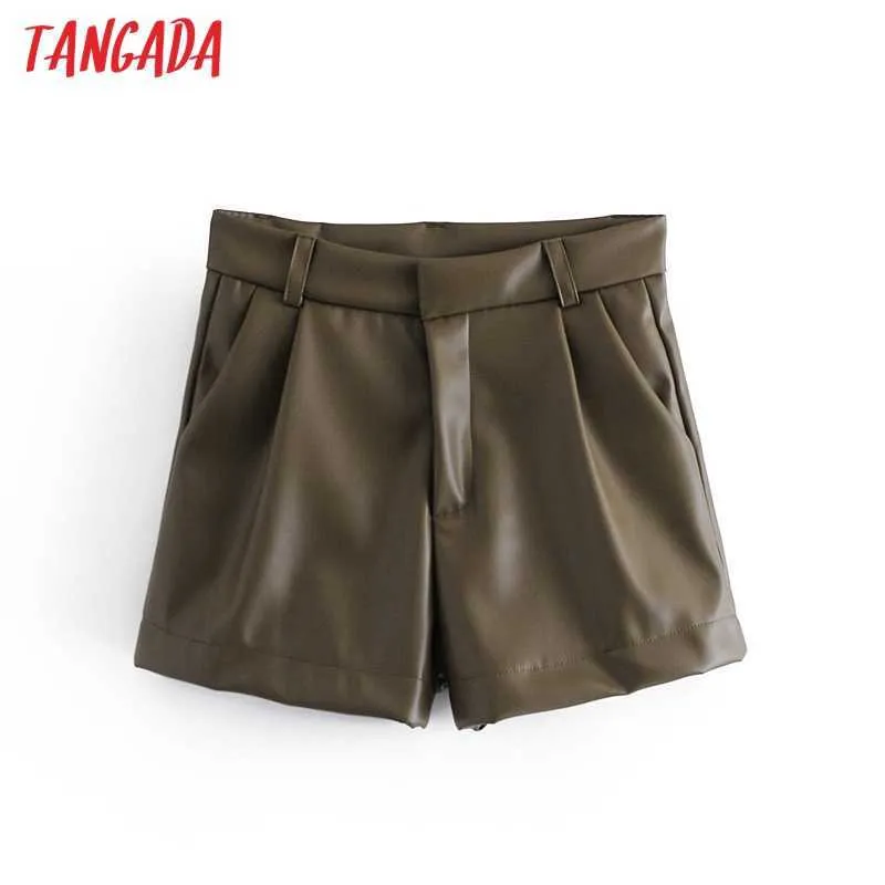 Tangada Femmes Élégant Solide Faux Cuir Shorts Femme Rétro Casual Shorts Pantalones QN38 210609