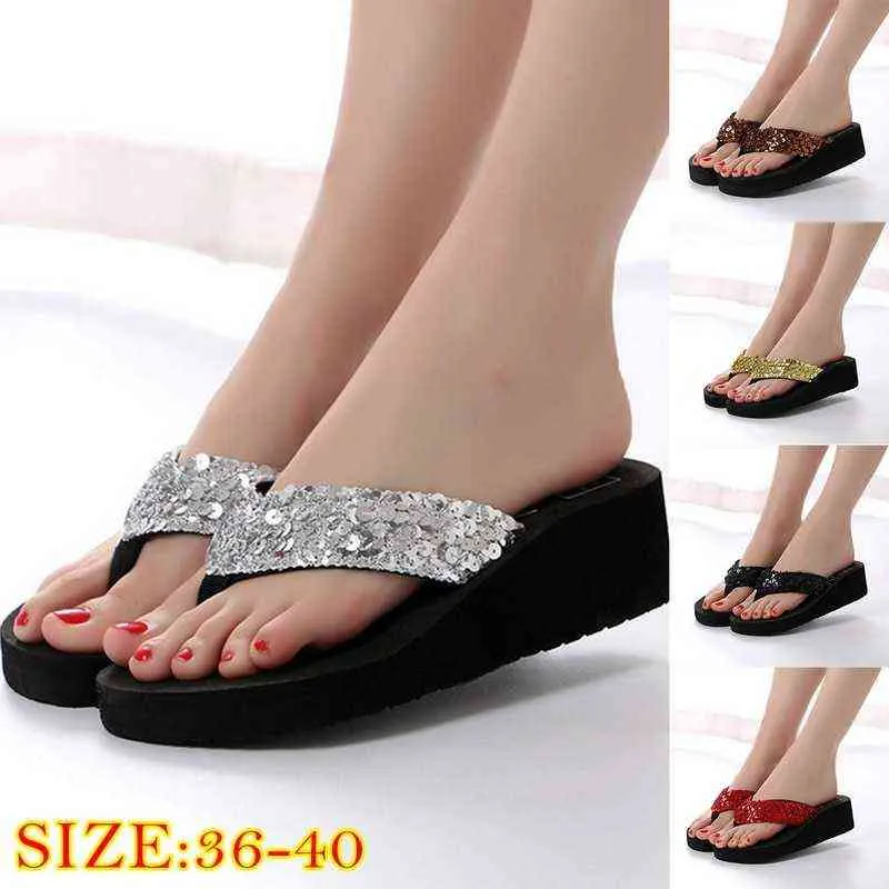 2021 Flip Flops Kvinnor Sandaler Eva Sequins Bling Women's Beac Casual Skor För Kvinnor Ljus kilar Plattform Tofflor Y220221