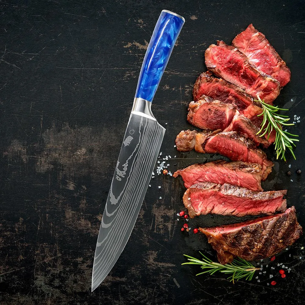 Noża kuchenne Ustaw niebieską żywicę Szef Chef Lnife Laser Eamascus Wzór japońskiego stali nierdzewnej Santoku Cleaver Cleing Tools223z