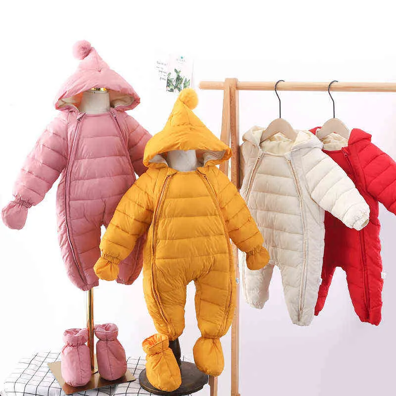 Doğan Bebek Tulum Kapüşonlu Artı Kadife Sıcak Erkek Snowsuit Toddler Kar Takım Elbise Kız Pamuk Tulum Rompers 211229