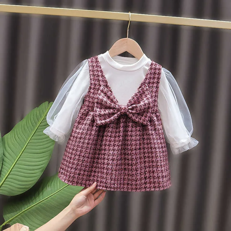 Медведь Лидер родился ребенок корейский стиль элегантные платья мода девушки младенческие клетки одежда с длинным рукавом бантик принцессы костюмы 210708