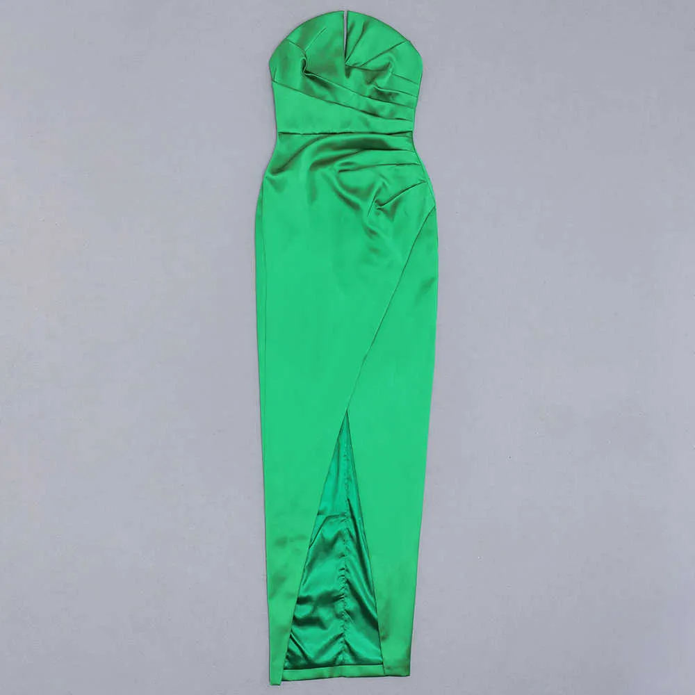 Sommar kvinnors mode strapless klänning sexig ärmlös grön draperad v-nacke kändis fest lång 210527
