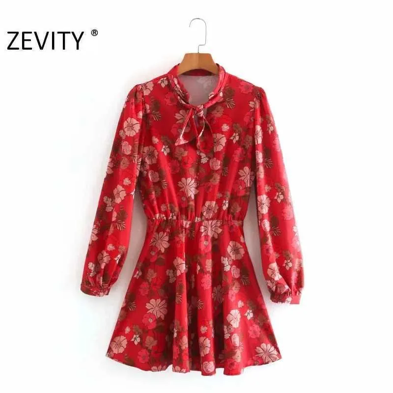 Zevity Femmes Mode Fleur Imprimer Chemise Rouge Bureau Dames À Manches Longues Noeud Papillon Une Ligne Robe Chic Marque Mini Robes DS4529 210603