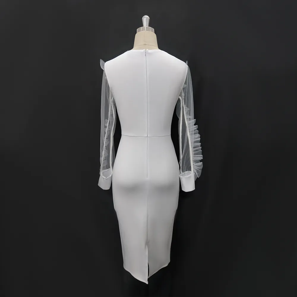 ホワイトドレスo首の透明なメッシュ長袖フリル女性エレガントなオフィスレディーワーク控えめな上品な女性アフリカンファッション210226
