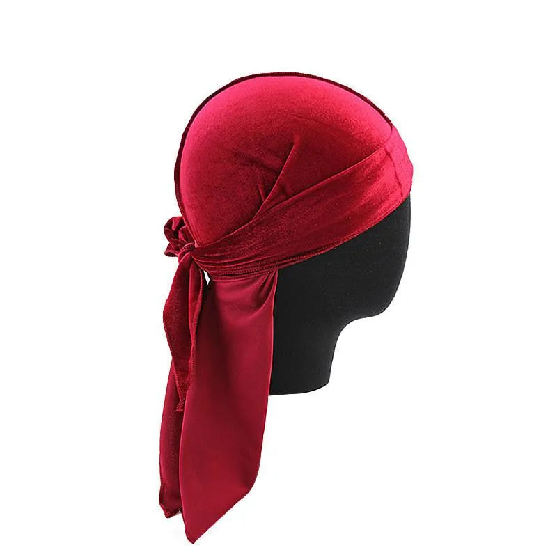 Lenços unissex homens mulheres durag doo du rag veludo respirável bandana chapéu cachecol longo cauda headwrap 2021 quimio boné cor sólida hea260b