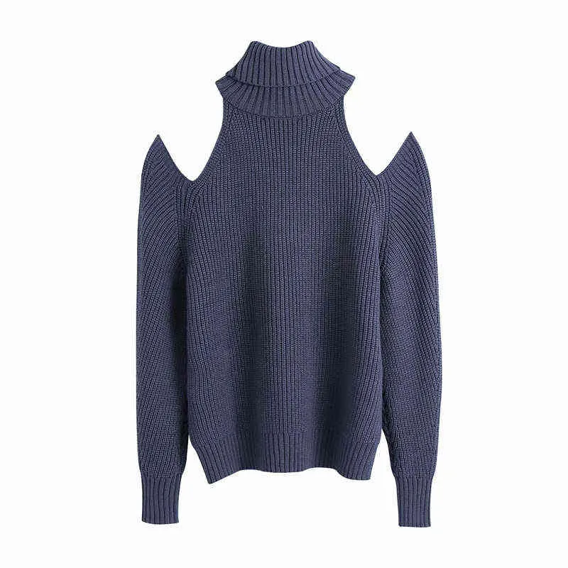 Evffffer Jesień Moda Lady Off Ramię Za Blue Dzianiny Turtleneck Pullover Topy Kobiety Casual Długi Rękaw Czarny Długi Sweter Chic Y1110