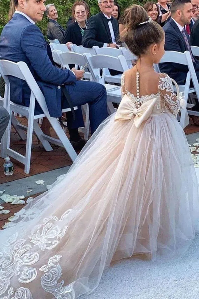 Vestido com flor e renda para meninas, vestido de princesa com