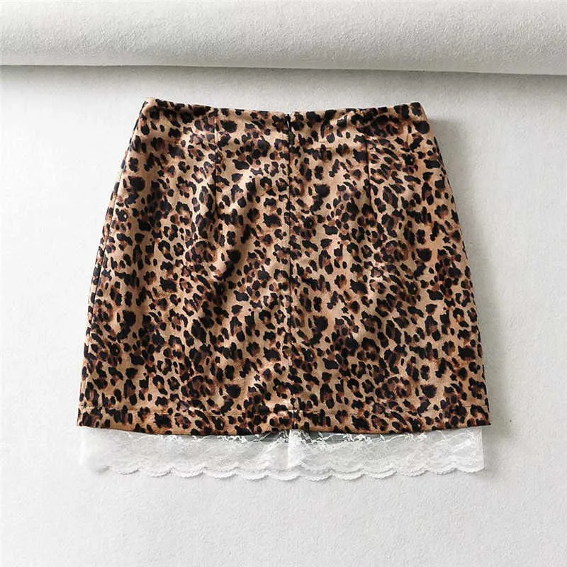 Women Vintage Leopard Print Patchwork Lace Edge Summer Mini Skirts Sweet Lady High Waist Skirt Sexy Girl Short Chic 210629