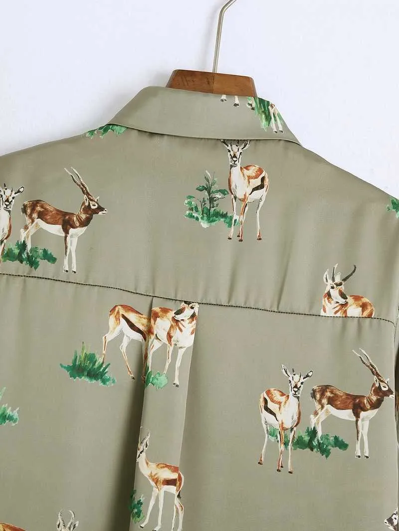 Mujeres camisa suelta primavera moda manga larga animal ciervos impresiones moderna dama blusa ropa al por mayor 210602