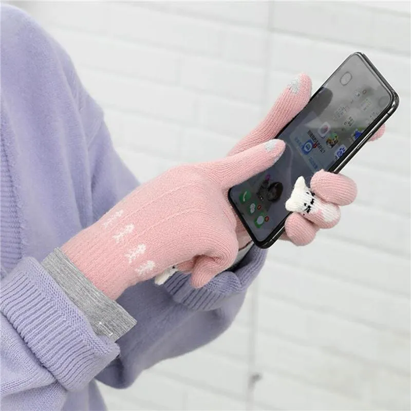 Cinq doigts gants femmes tricoté hiver chaud épais écran tactile mitaines solides pour téléphone portable tablette pad couple gant de haute qualité