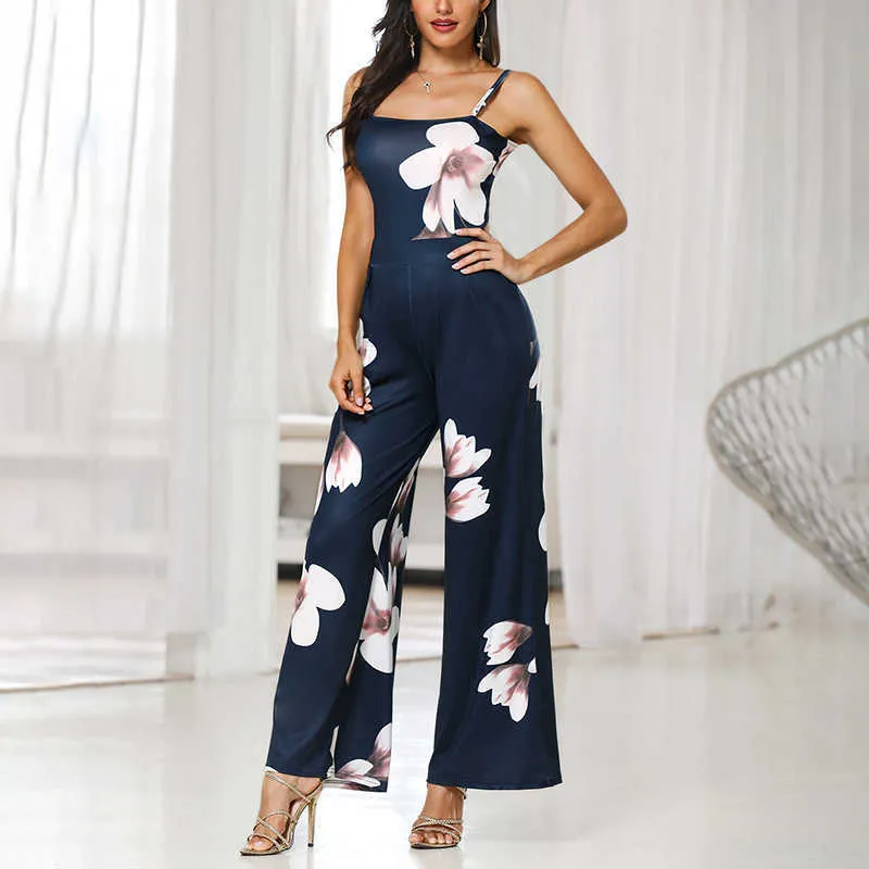 Kvinnor Mode Elegant Partywear Jumpsuits Formell Party Romper Floral Print Wide-Ben Spaghetti Strap Jumpsuit 210716