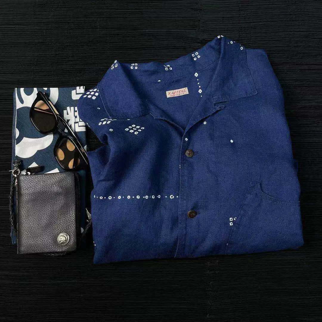 Chemises décontractées pour hommes Kapital new Hirata Hehong chemise à manches courtes en coton denim teint en bleu
